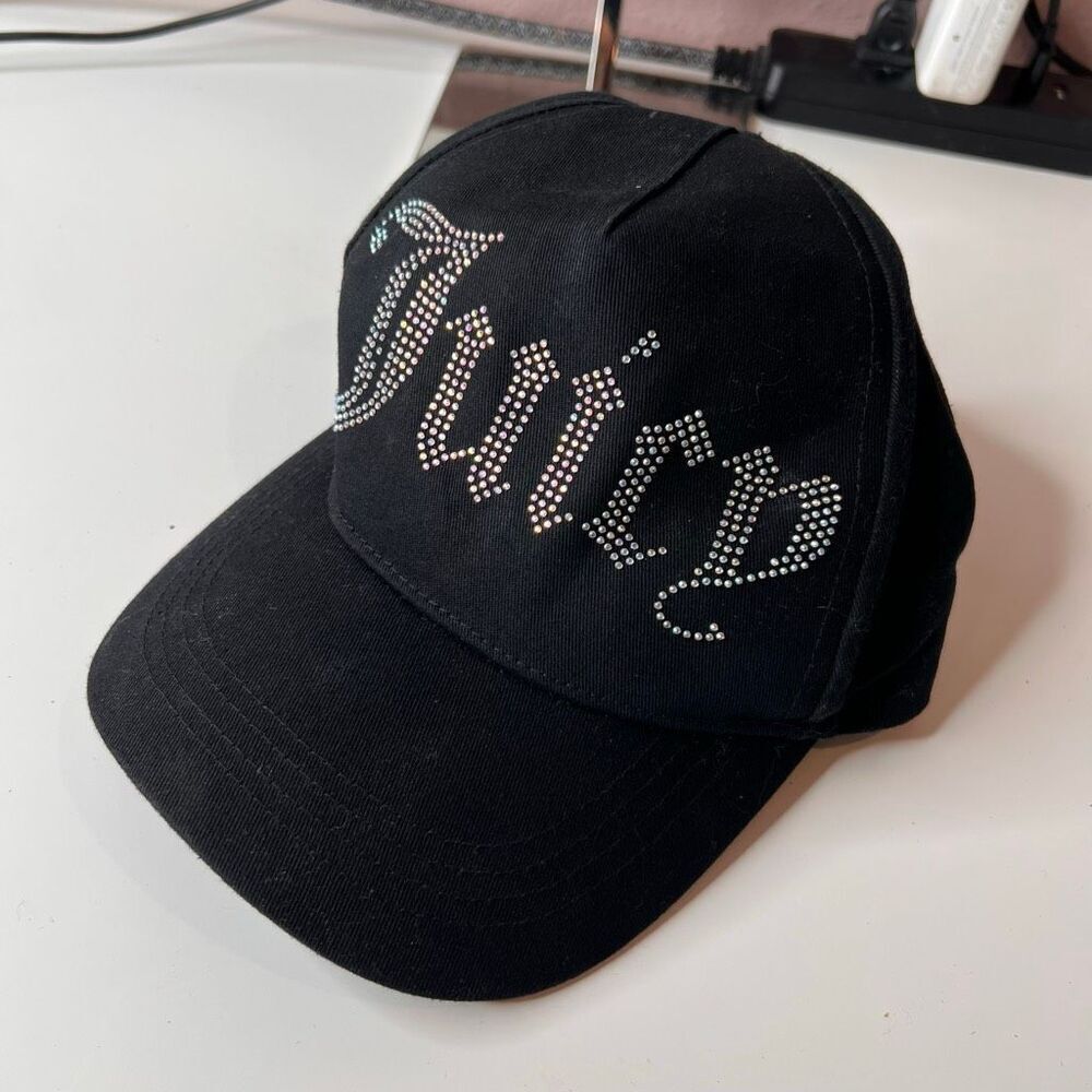 This item is a black Juicy Couture baseball cap featuring a rhinestone logo
